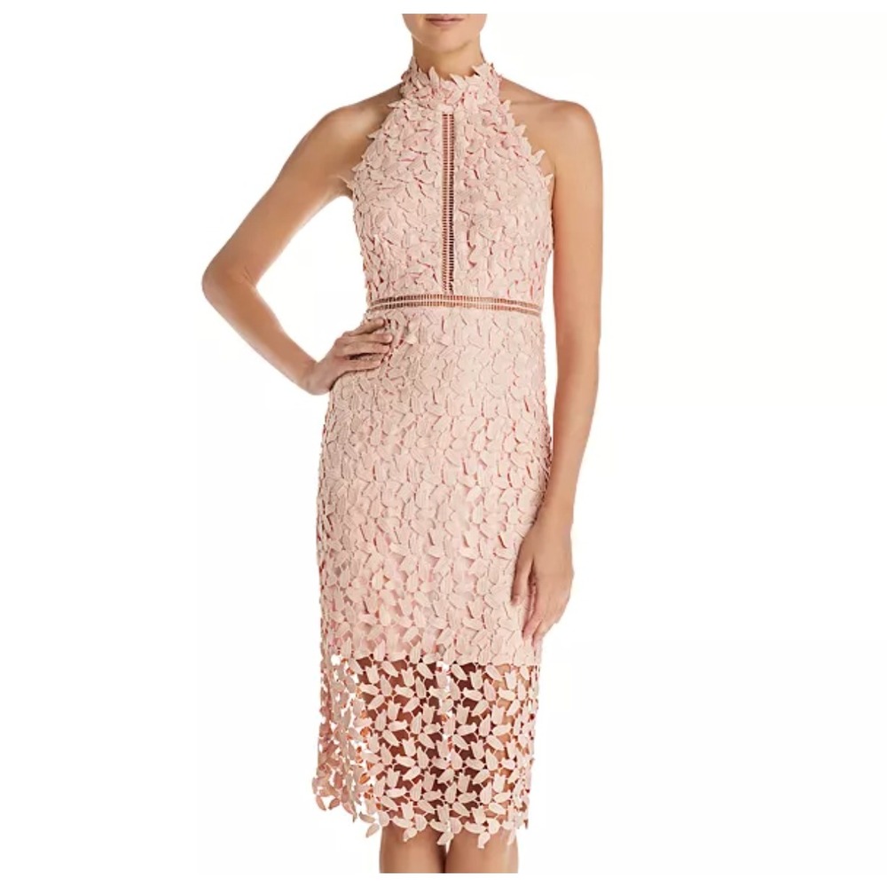 Bardot Lace Gemma Sheath Dress 8 Pink Halter Neck Midi Wedding Guest Coquette